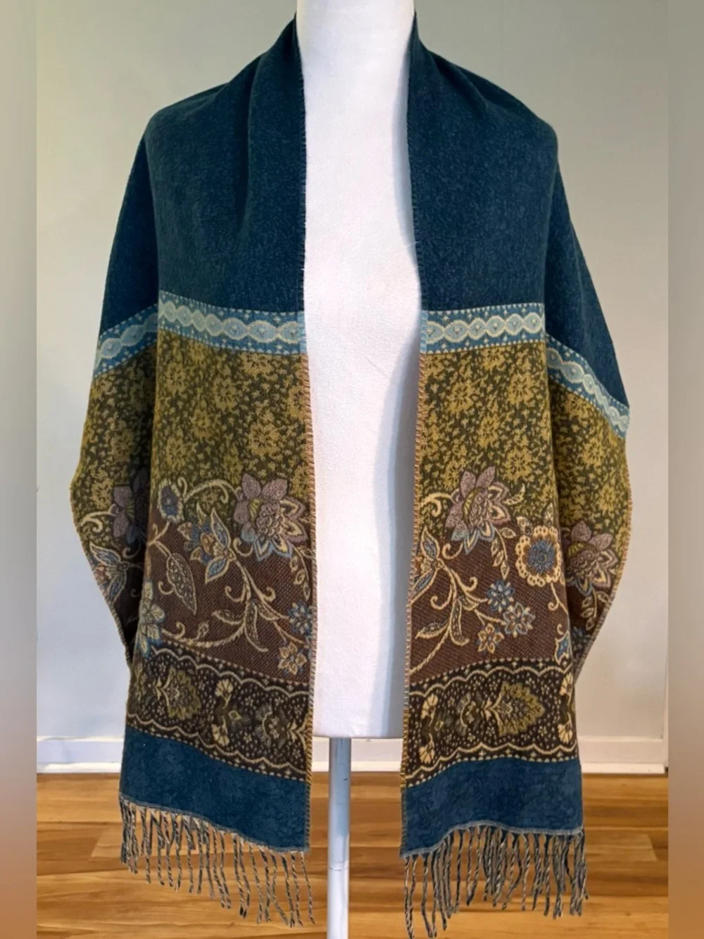 FRAAS Germany Cashmink Floral Fringe Scarf in Teal, Tan and Purple